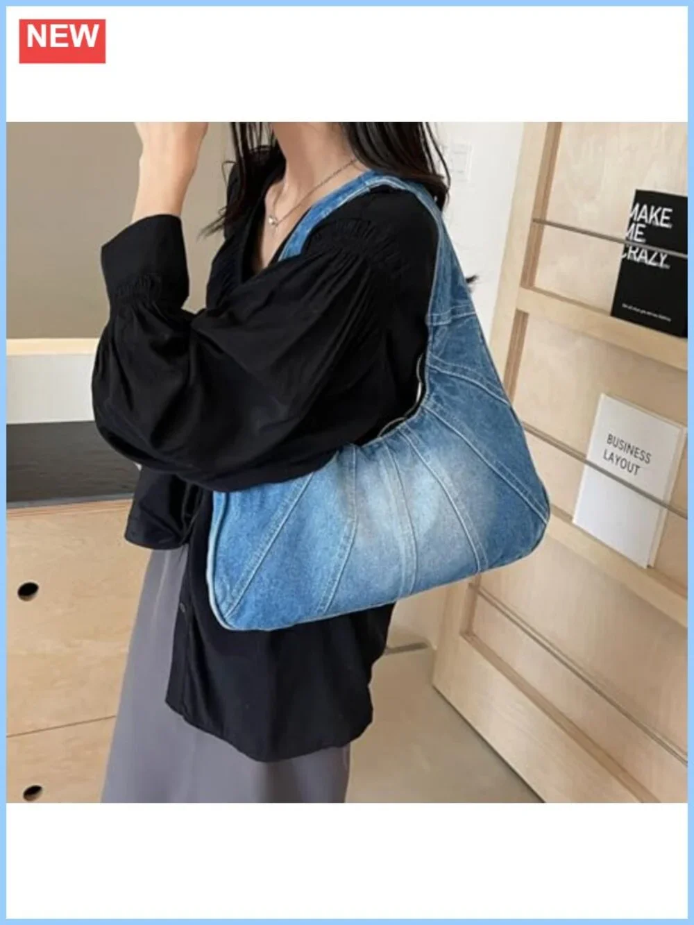 Denim Hobo Tote Bag Large Shoulder Purse Zip Closure